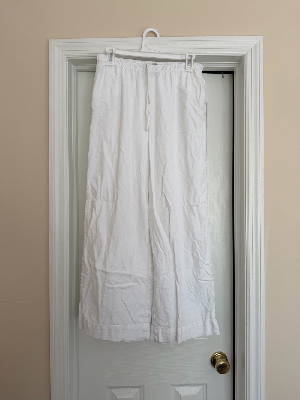 White Wide-Leg Drawstring Women's linen pants